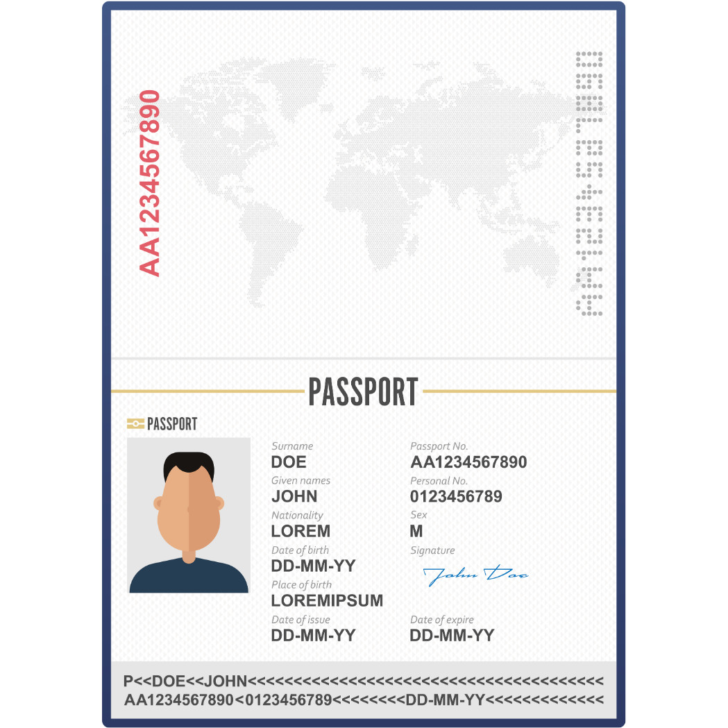 Esempio di pagina con la foto di un passaporto come fotografata nel check-in ospiti di Vikey (illustrazione con dati di esempio)