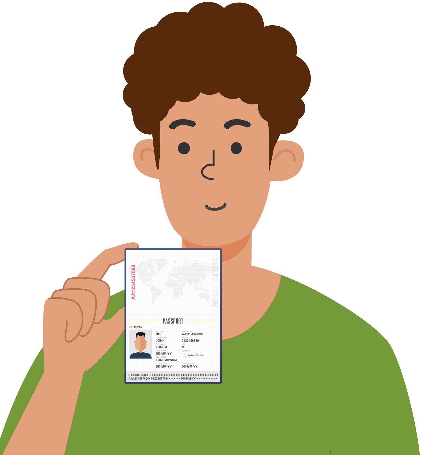 Esempio dal check-in ospiti di Vikey: una persona tiene la pagina con la foto del passaporto accanto al viso per il selfie dal vivo (illustrazione)